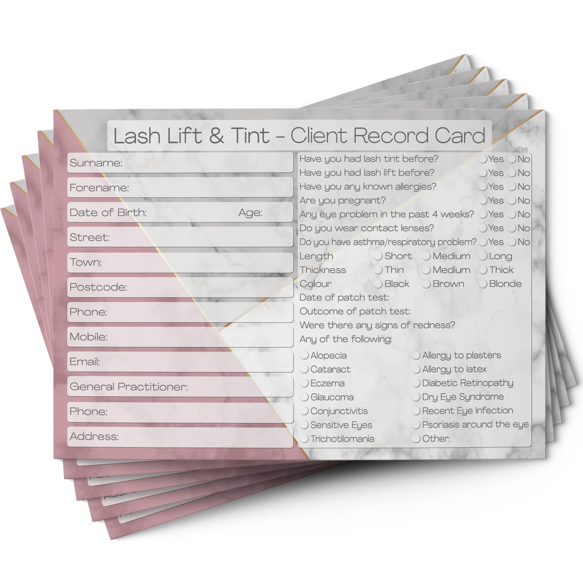 Lash Lift & Tint Client Cards - Salon and Therapist Customer Consultation Record - Treatment Services Essentials - Profile and Recording Forms - Gift Loyalty Vouchers Beauty Stationery Pack of 25