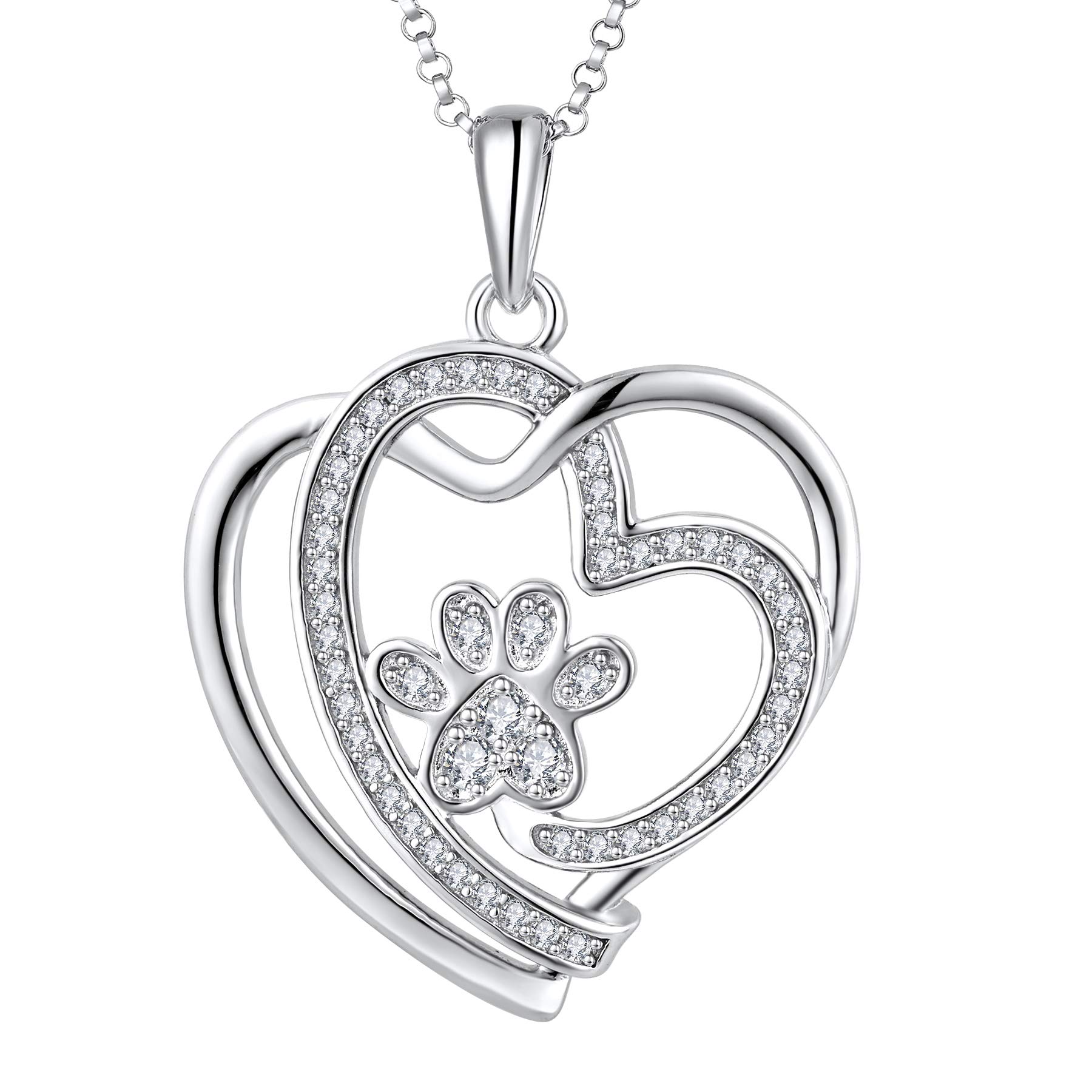 JO WISDOM Women Necklace,925 Sterling Silver Pet Dog/Cat Paw Print Footprint Love You from My Heart Necklace with AAA Cubic Zirconia