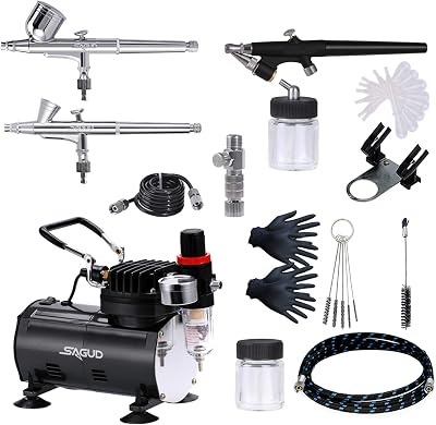 SAGUD Airbrush Kit with Compressor and 3 Needles 0.2/0.3/0.8mm