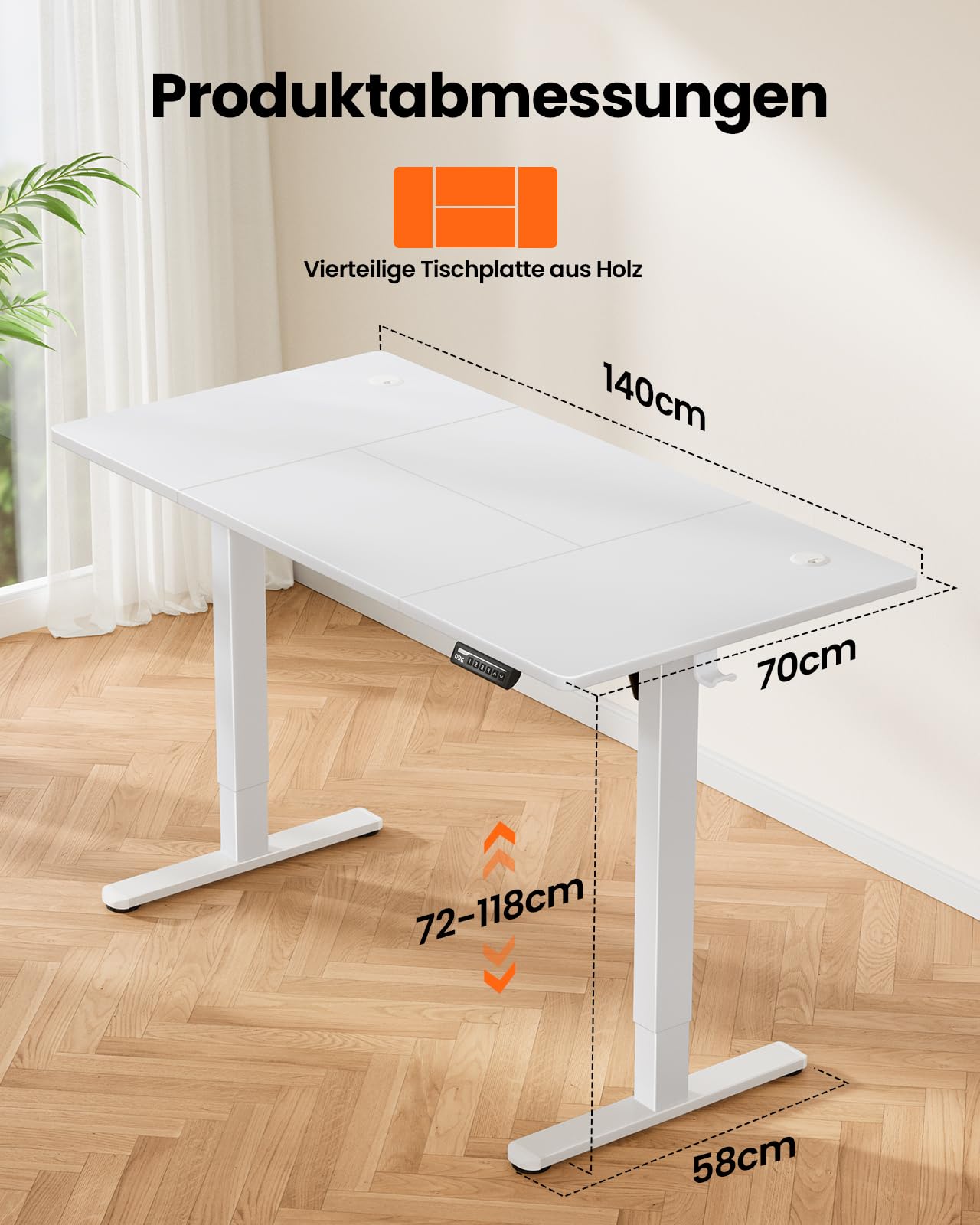 ErGear Elektrisch Höhenverstellbarer Schreibtisch 140x70 cm, Schreibtisch Höhenverstellbar mit 4 Memory-Funktion, Gaming Tisch mit Vierteilige Tischplatte 6