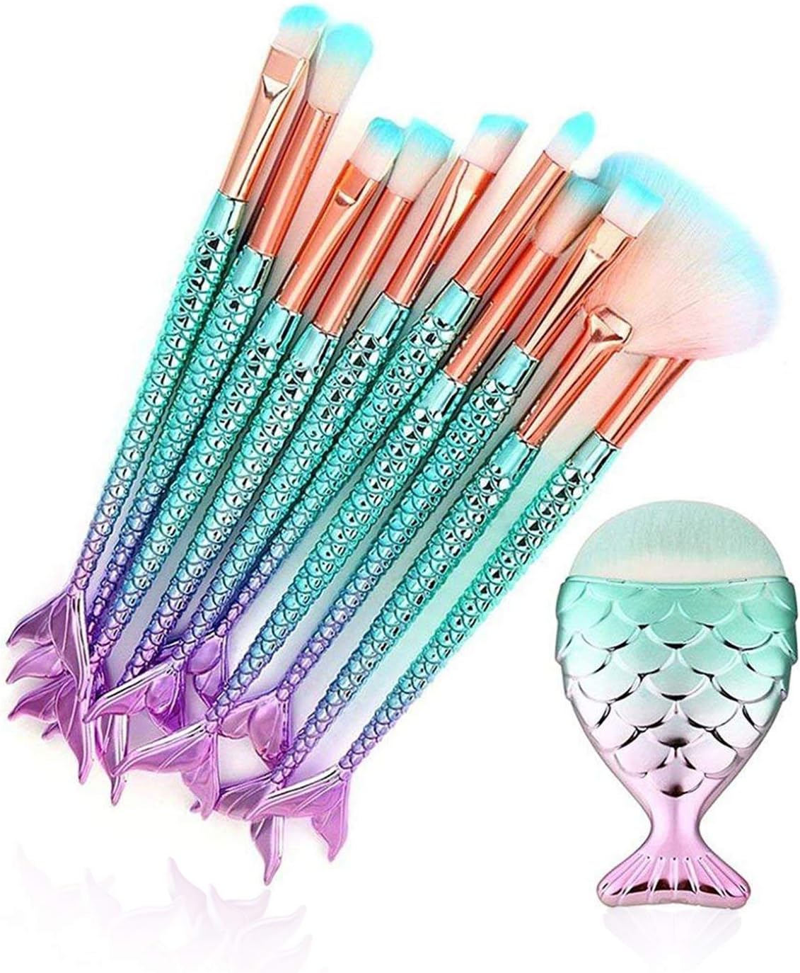 11PCS Fish Tail Makeup Brushes Set, Foundation Eyebrow Eyeliner Blush Cosmetic Concealer Brushes Women Girl Cute Make Up Tool Set (Colorful Mermaid Handle)