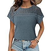 Dokotoo Women's Tops Casual Scoop Neck Short Sleeve Waffle Knit Hollow Out Shirts Loose Tunic Tops Blouses