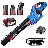 Dong Cheng Brushless 20V Leaf Blower, 485 CFM Variable Speed & Turbo Mode, Cordless Leaf Blower with 3 Nozzles, Shoulder Strap, 4.0Ah Battery and Charger, Blowing Leaves for Patio, Lawn & Garden