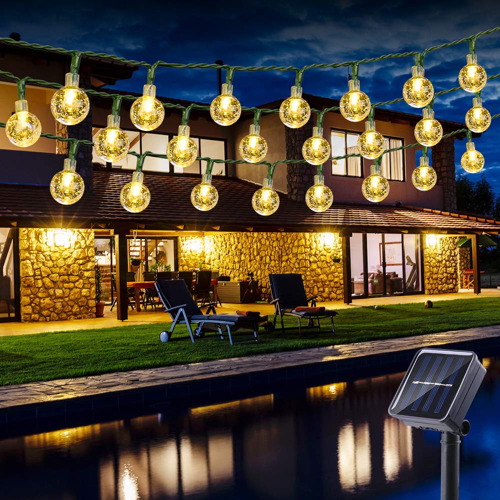 BrizLabs Solar String Lights Outdoor, 21.33ft 30 LED Solar Globe Crystal Lights Waterproof 8 Modes Solar Powered String Lights for Garden Patio Yard Gazebo Bistro Wedding Party, Warm White
