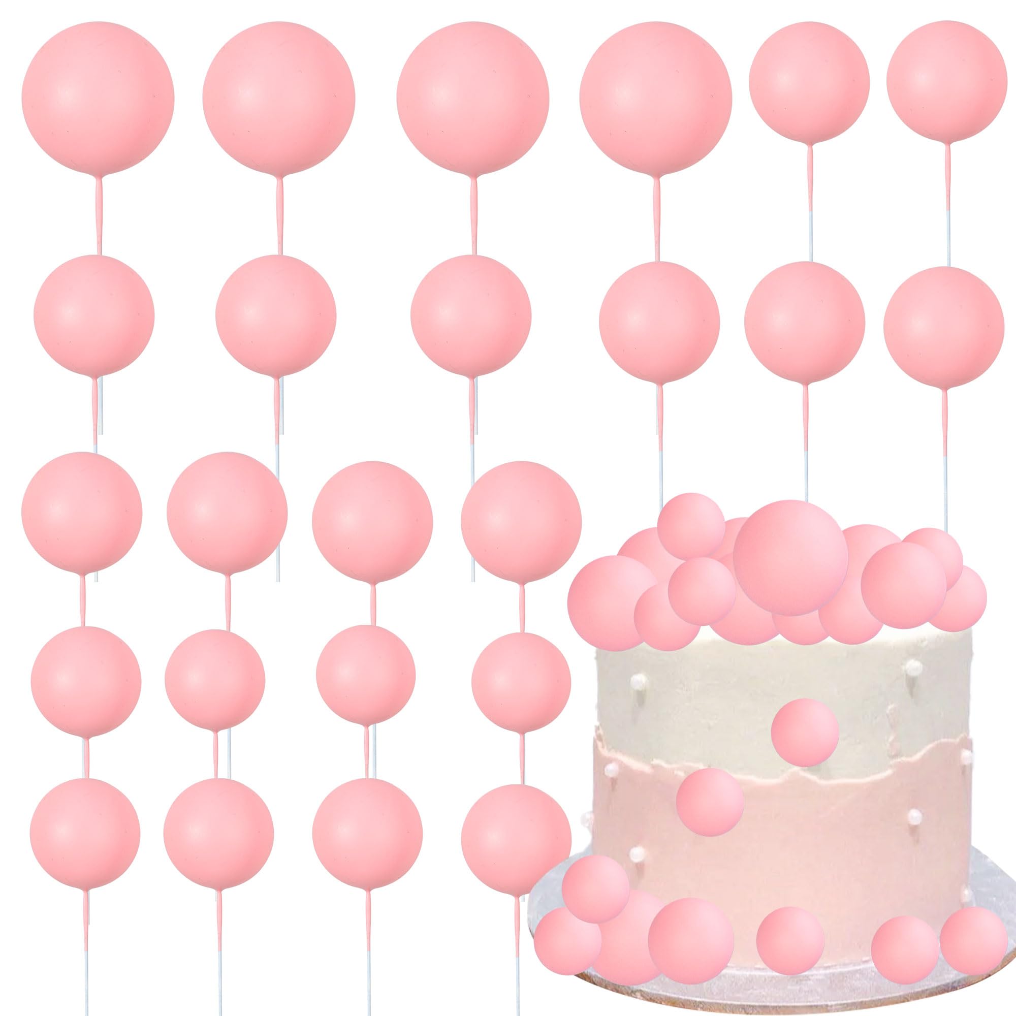 Gyufise 30Pcs Balls Cake Topper DIY Cake Insert Toppers Ball Cake Picks Cupcake Topper for Birthday Party Baby Shower Wedding Cake Decoration Pink