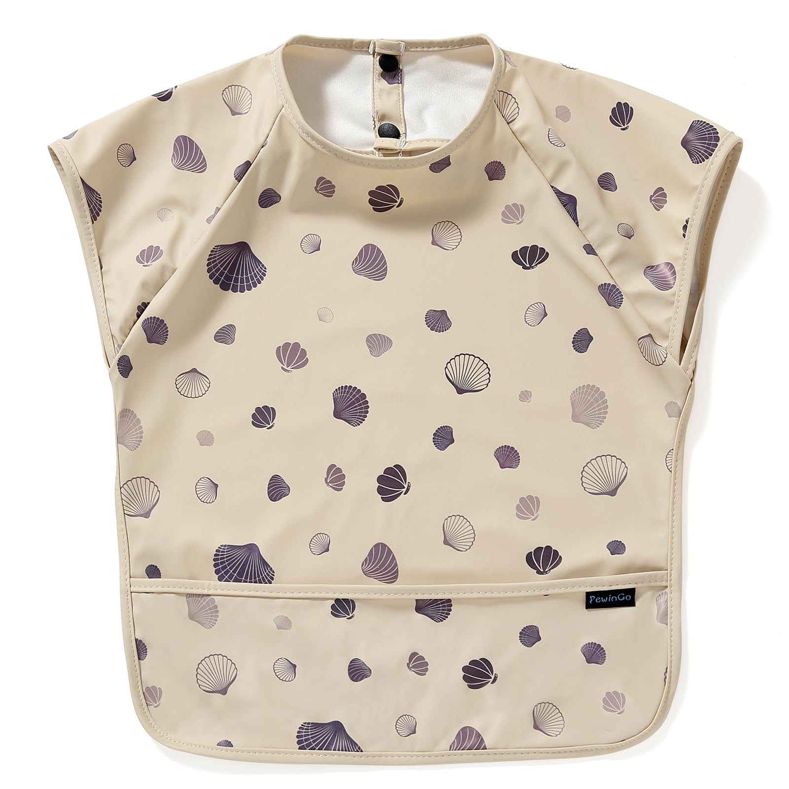 PewinGo Weaning Bib with Short Sleeves & BLW, Soft and Skin-Friendly Material, Coverall Bibs for Baby Feeding, Waterproof and Easy to Clean & Machine Washable, for Baby Infant Toddlers (Beige)