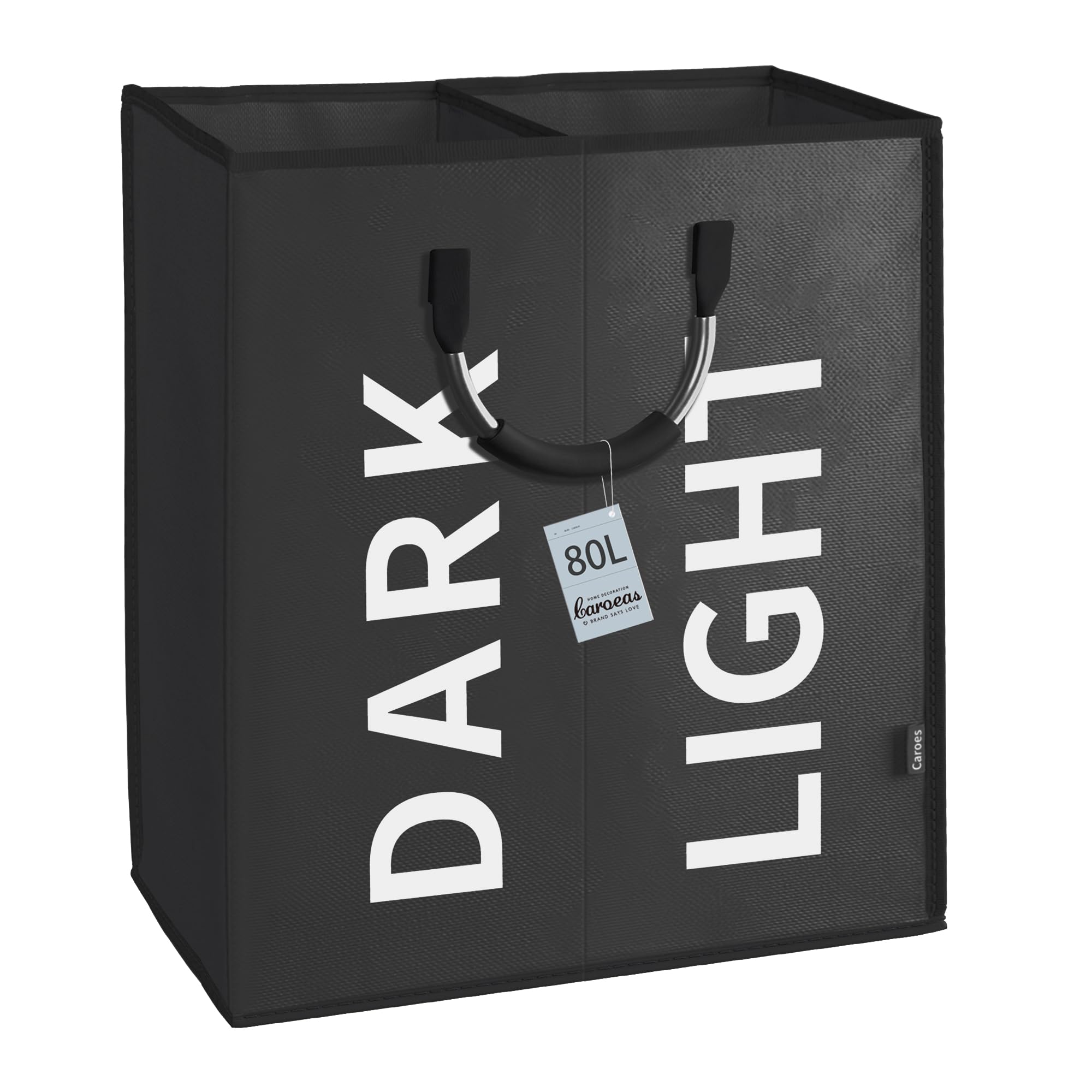 Caroeas 80L Collapsible Laundry Basket, Foldable Waterproof Washing Basket 2 Sections with Handles, Slim Laundry Bin for Laundry Room Bedroom (Black)