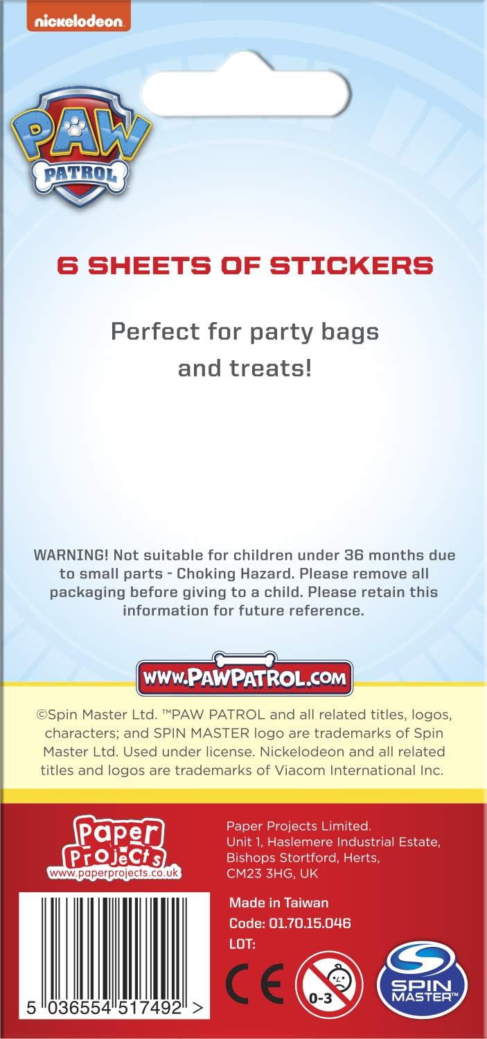 Paper Projects 01.70.15.046 Paw Patrol Blue Party Size Sticker Pack (6 Sheets), 12.5cm x 7.5cm - Image 3