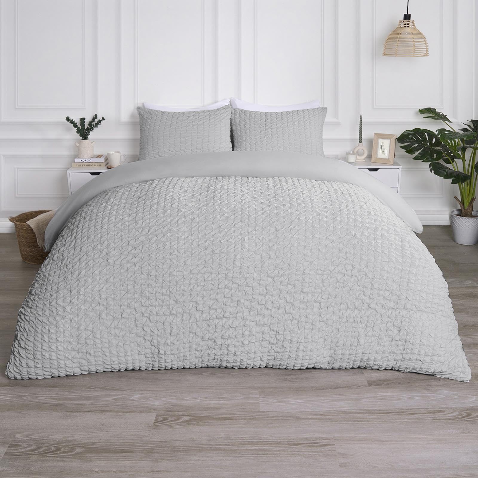 OHS Grey Bedding Double Duvet Set, Geometric Seersucker Duvet Cover Luxurious Quilt Cover Embossed Waffle Bedding Double Bed Set with Matching Pillowcases
