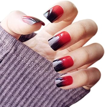 Lzndeal 24 Pcssetfaux Ongles Adhesifs Faux Ongles Acrylique Mode Rouge Faux Ongles Avec Paillettes Acrylique Couverture Complète Faux Ongles Carré