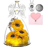 Valentines Day Gifts for Her,Sunflower Gifts for Women,Sunflowers Gifts for Mom Angels Figurines Sunflower Bouquet with Necklace,Light Up Sunflowers in Glass,Birthday Gifts for Wife Girlfriend
