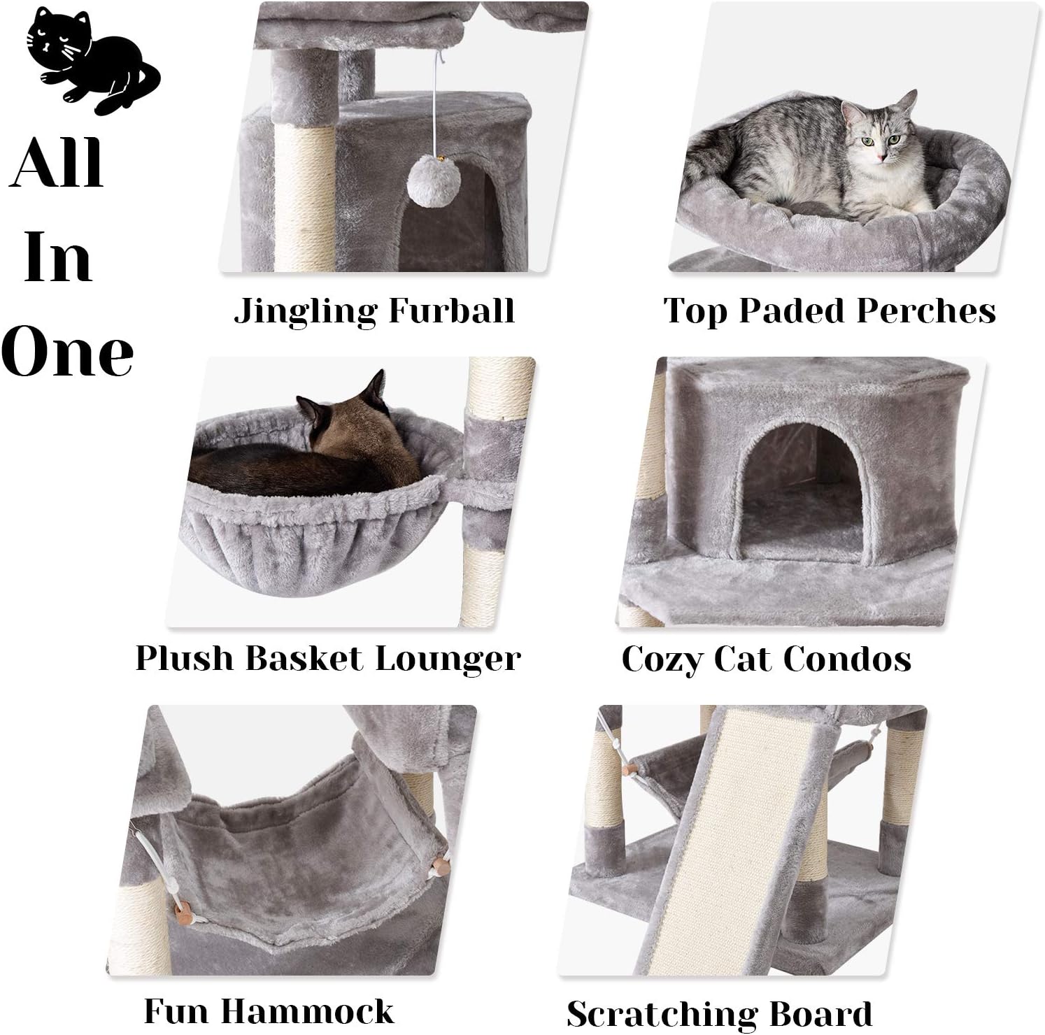 IBUYKE 63inches Multi-Level Cat Tree Tower for Large Cats Play Furniture Cat Condo with Sisal Scratching Posts&Board, Platforms, Hammock Basket, Dangling Balls, Light Gray UCT021W : Pet Supplies