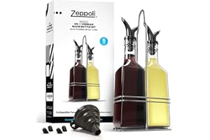 Zeppoli Oil and Vinegar Bottle Set with Stainless Steel Rack and Removable Cork – Dual Olive Oil Spout – Olive Oil Dispenser,