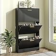 JOZZBY Shoe Storage Cabinet with 3 Flip Drawers, Freestanding Narrow Slim Shoe Organizer Cabinet Rack for Entryway, Hallway, Living Room, Black