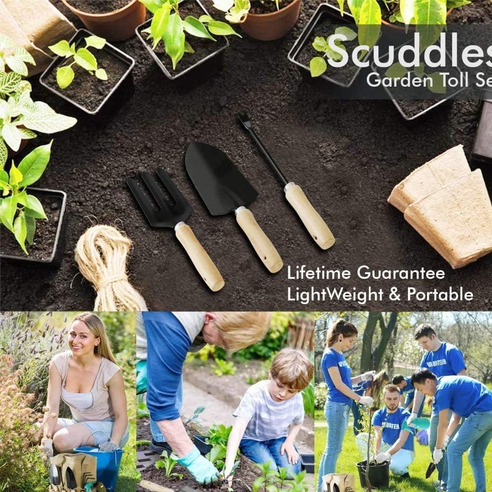 Scuddles Garden Tools Set - 8 Piece Heavy Duty Gardening Kit with Storage Organizer, Ergonomic Hand Digging Weeder Rake Shovel Trowel Sprayer Gloves Gift for Men Or Women : Garden & Outdoor