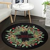 keepcute Round Area Rug Christmas Decorative Doormat, Pine Wreath Merry Christmas Indoor Decorative Rug Merry Christmas Rug