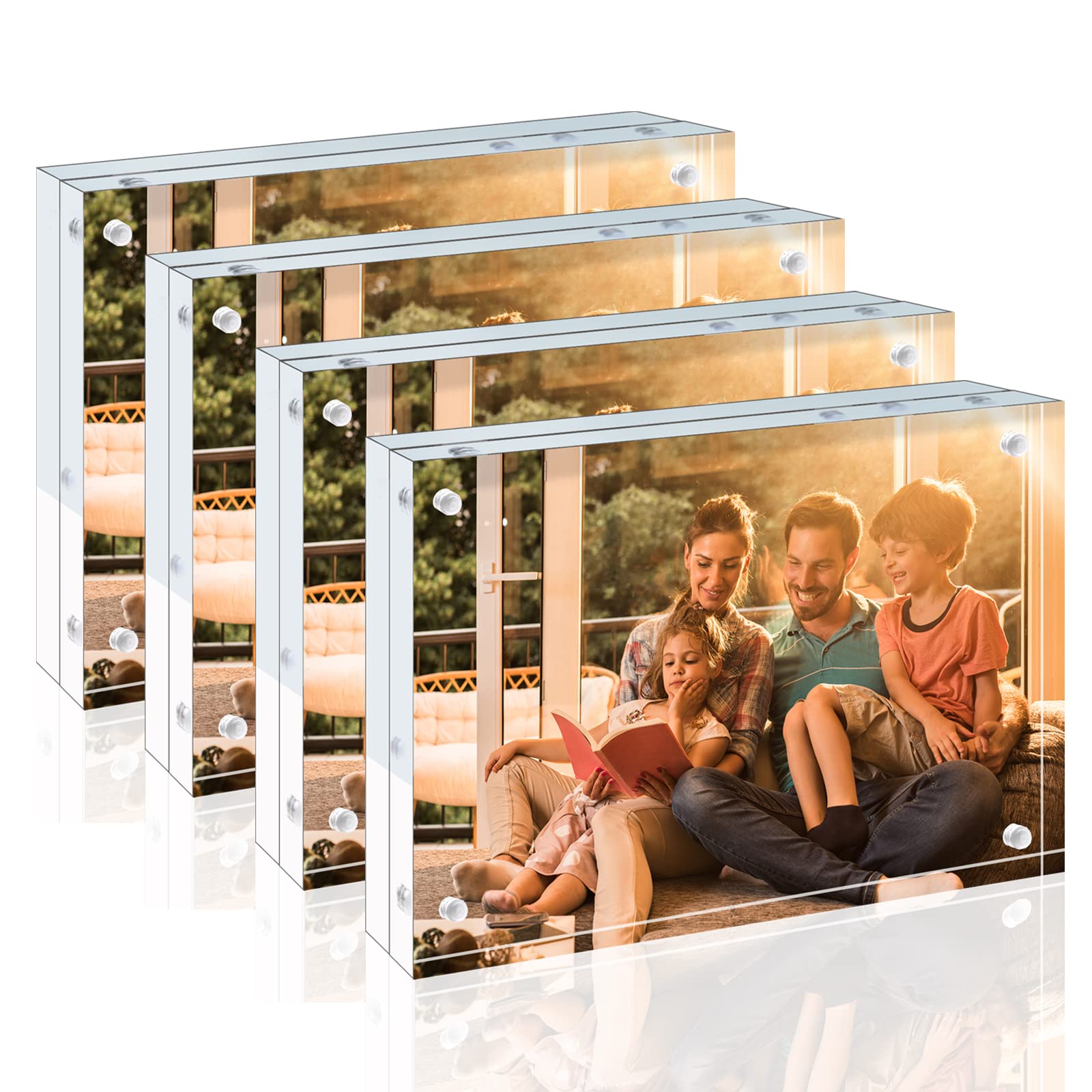 EGOFINE 6 x 4 Inch (15 x 10 cm) Picture Frame 4 Pack, 20mm Thick Lucite Frameless Clear Floating Acrylic, Magnetic Double Sided Photo, Free Standing Desktop