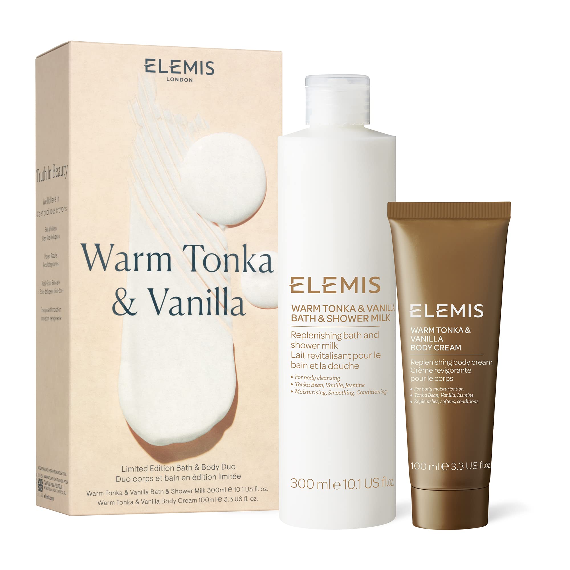 ELEMIS Warm Tonka & Vanilla​ Body Duo, Limited Edition Bath & Body Shower Milk & Body Cream Duo, Nourishing Bathing Cream & Softening Body Moisturiser, Treat Your Skin to a Cosy & Aromatic Indulgence