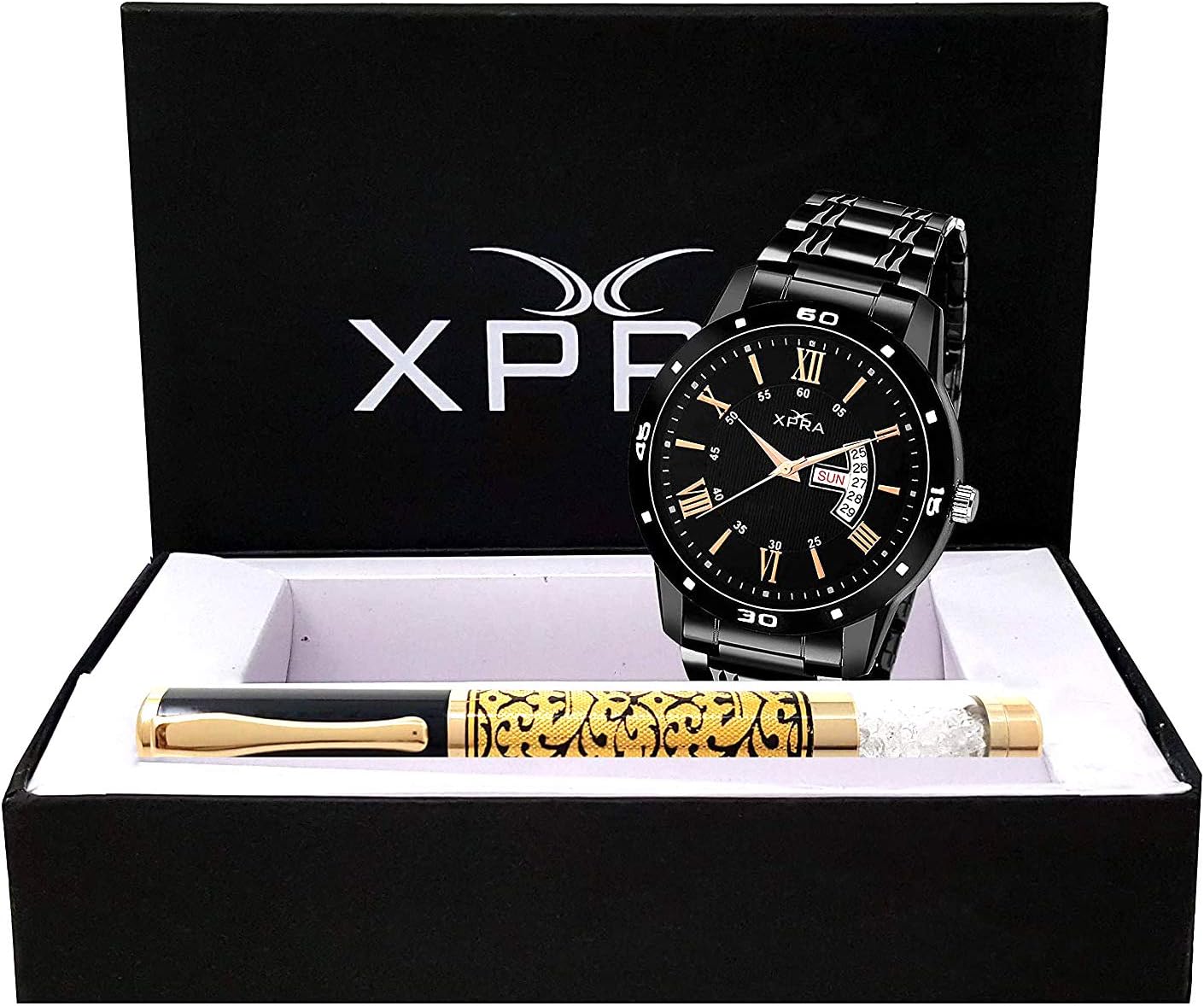 Xpra Day & Date Black Watch + Gold - Black Metal Roller Ball Pen Combo Pack/Rakhi Gift for Brother (WCH-PN-27C)