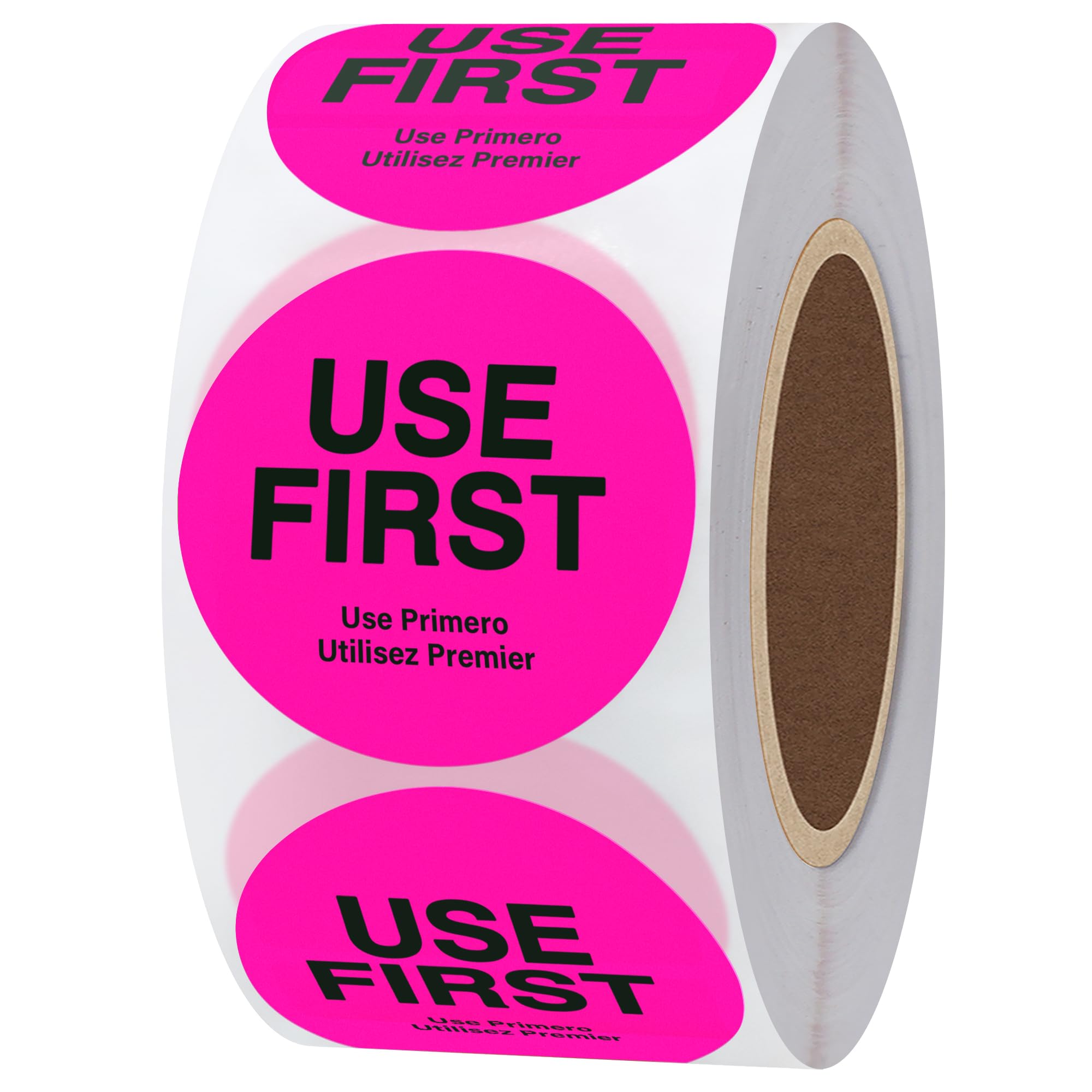 Hylabelest USE First Trilingual Removable Label 1.5 Inch Total 500 Labels Per Roll (1, Fluorescent Pink, 38mm)