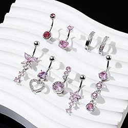 Beautidots 9PCS Belly Button Ring Pink Dangle