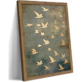Framed Flock of Birds Canvas Wall Art, Vintage Minimalist Abstract Landscape Painting, Neutral Gold Birds Spiritual Wall Decor, Modern Aesthetic Pictures for Bedroom Living Room 8x10 inch