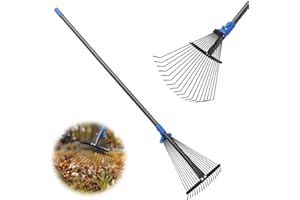 VUGHIUA Rake, Leaf Rake with Expandable Head,18 Teeth, Adjustable 53 Inch Long Handle, 17 Inch Wide, Heavy Duty Collapsible Yard Rakes for Lawn Flowers Beds Gardening