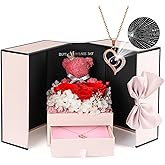 ADDWel Valentine's Day Romantic Gifts - Preserved Real Rose with I Love You Necklace in 100 Languages, Eternal Red Rose & Cute Moss Bear Anniversary, Birthday Gift for Wife, Girlfriend, Mom, Grandma
