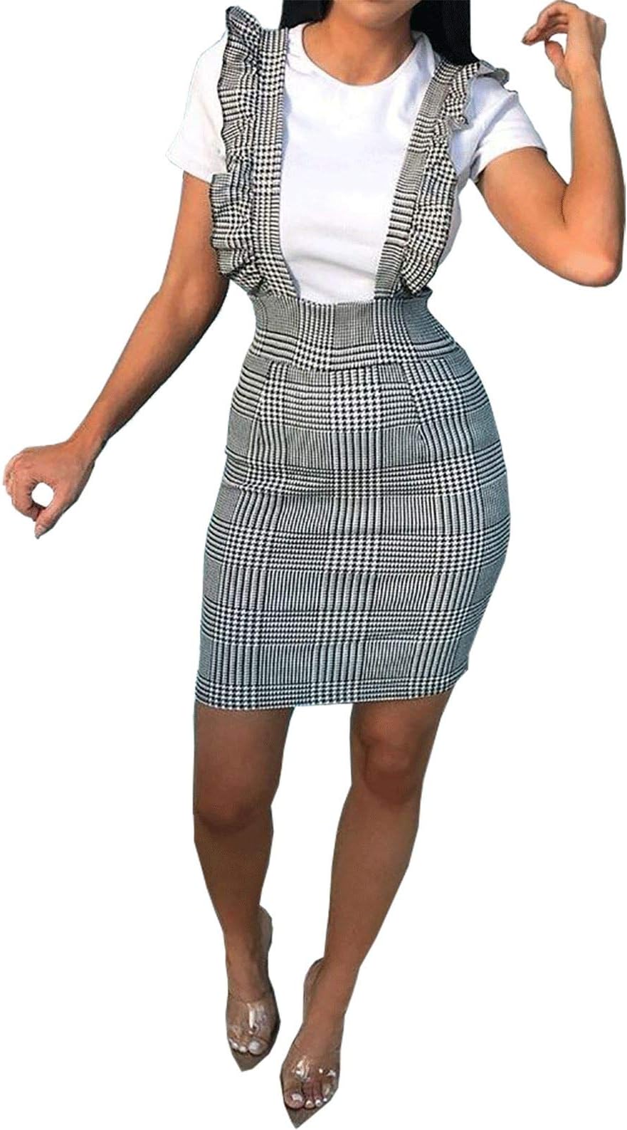 Rimi Hanger Womens Hounds Dog Tooth Tartan Strap Frill Pinafore Ladies Plus Size Mini Dress US 10-24