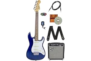 Fender Squier Short Scale 24-Inch Strat Pack - Transparent Blue Bundle with Frontman 10G Amp, Cable, Tuner, Strap, Picks, Fen