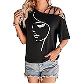 SOLY HUX Women's Figure Graphic Tees Criss Cross Cut Out Half Sleeve T Shirt Summer Tops