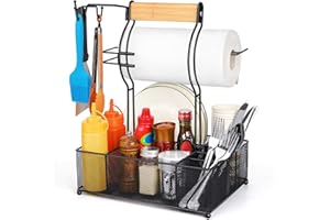 FANGSUN Grill Caddy, BBQ Caddy with Paper Towel Holder, Picnic Condiment Utensil Caddy for Outdoor Camping, Barbecue Accessories Storage Organizer for Griddle Grilling Tool, Rv Patio Camper Must