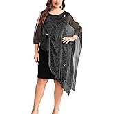 TIARALY Plus Size Sparkly Formal Dress Long Cape Overlay Midi Mother of Bride Outfit Cocktail Wedding Guest Evening Prom