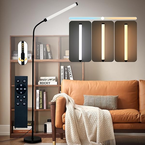 L SHY-U L FLOOR LAMP WITH ADJUSTABLE HEIGHT & FLEXIBLE ARM, REMOTE & FOOT SWITCH, SLIM DESIGN & EVEN LIGHTING FOR LIVING ROOM, BEDROOM, OFFICE – STEPLESS ADJUSTABLE COLOR AND BRIGHTNESS
