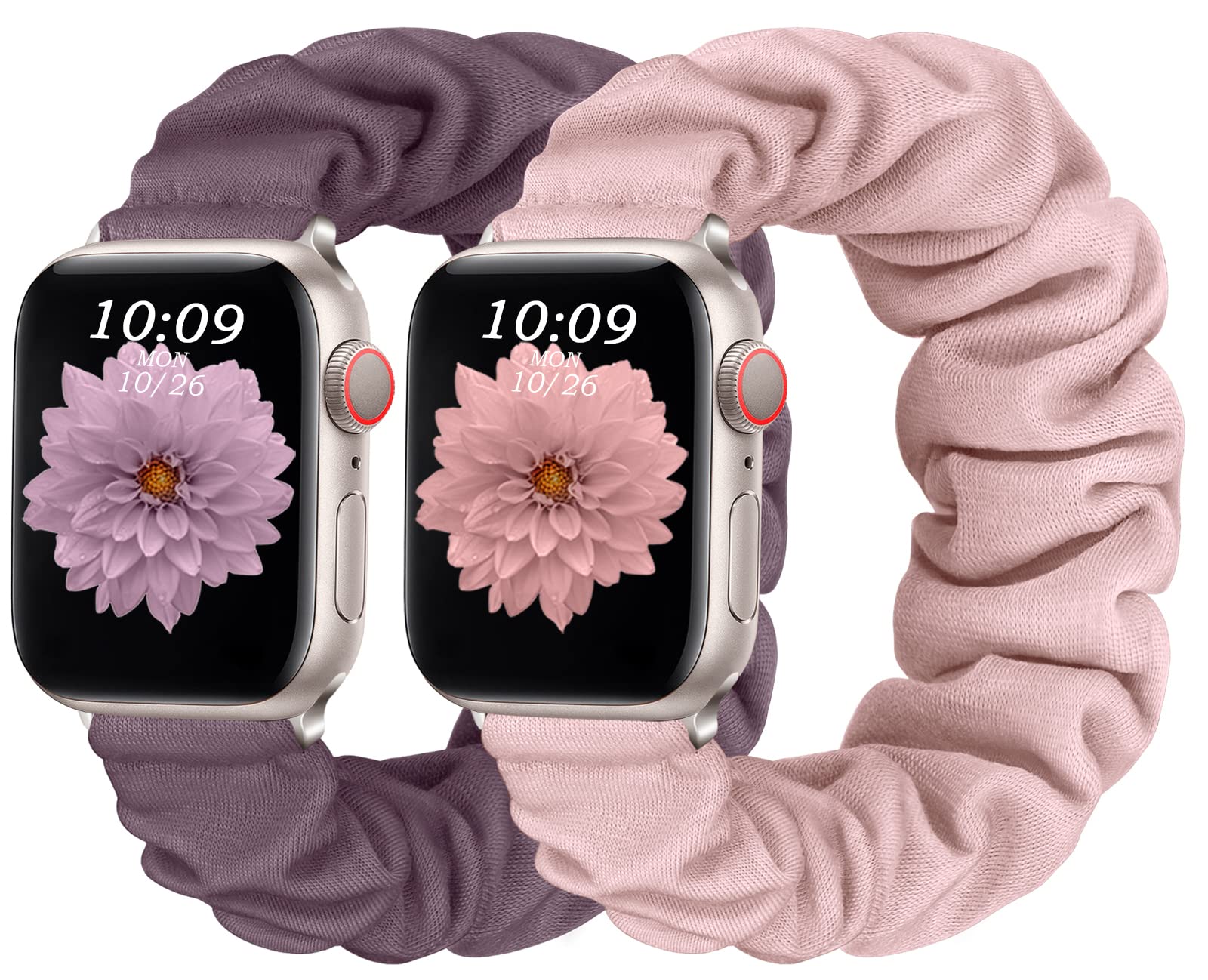 CeMiKa 2pack Elastic Adjustable Straps Compatible with Apple Watch Strap 38mm 40mm 41mm 42mm, Cute Printed Scrunchie Strap for iwatch Series 10 9 8 7 6 5 4 3 SE, Women Men, Sandpink/Smokeviolet