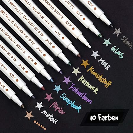 Metallic Marker Pens, Satz von 10 sortierten Farben metallischen Stift Marker für Kartenherstellung DIY Fotoalbum Gästebuch G
