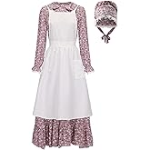 Prairie Dress Women-Pioneer Costume Women Floral 1800s Colonial Dress with Pioneer Bonnet Apron