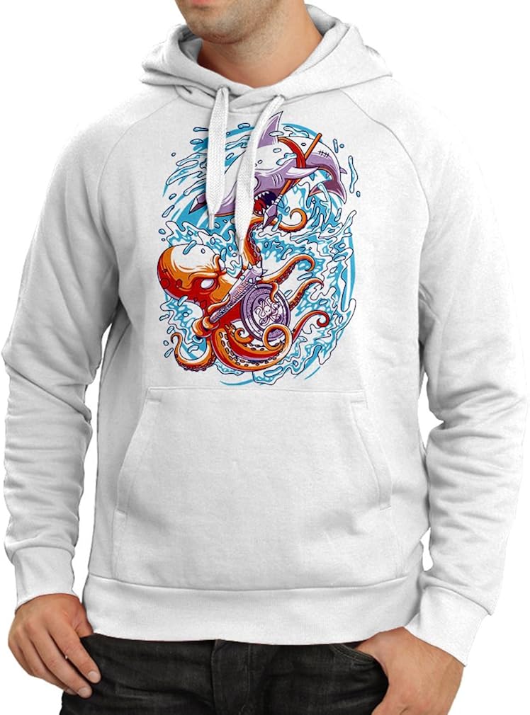 lepni.me Unisex Hoodie Battle in The Ocean - Octopus Vs Shark - to Rule The seas, Marine Outfits