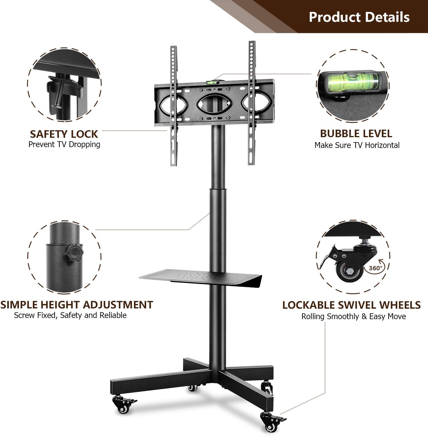 TVON Mobile TV Cart with Wheels for 23-55 inch LCD LED Flat Curved Screen TVs, Portable Rolling TV Stand with Height Adjustable Laptop Shelf, Holds up to 88 lbs Max VESA 400x400mm: Furniture & Decor