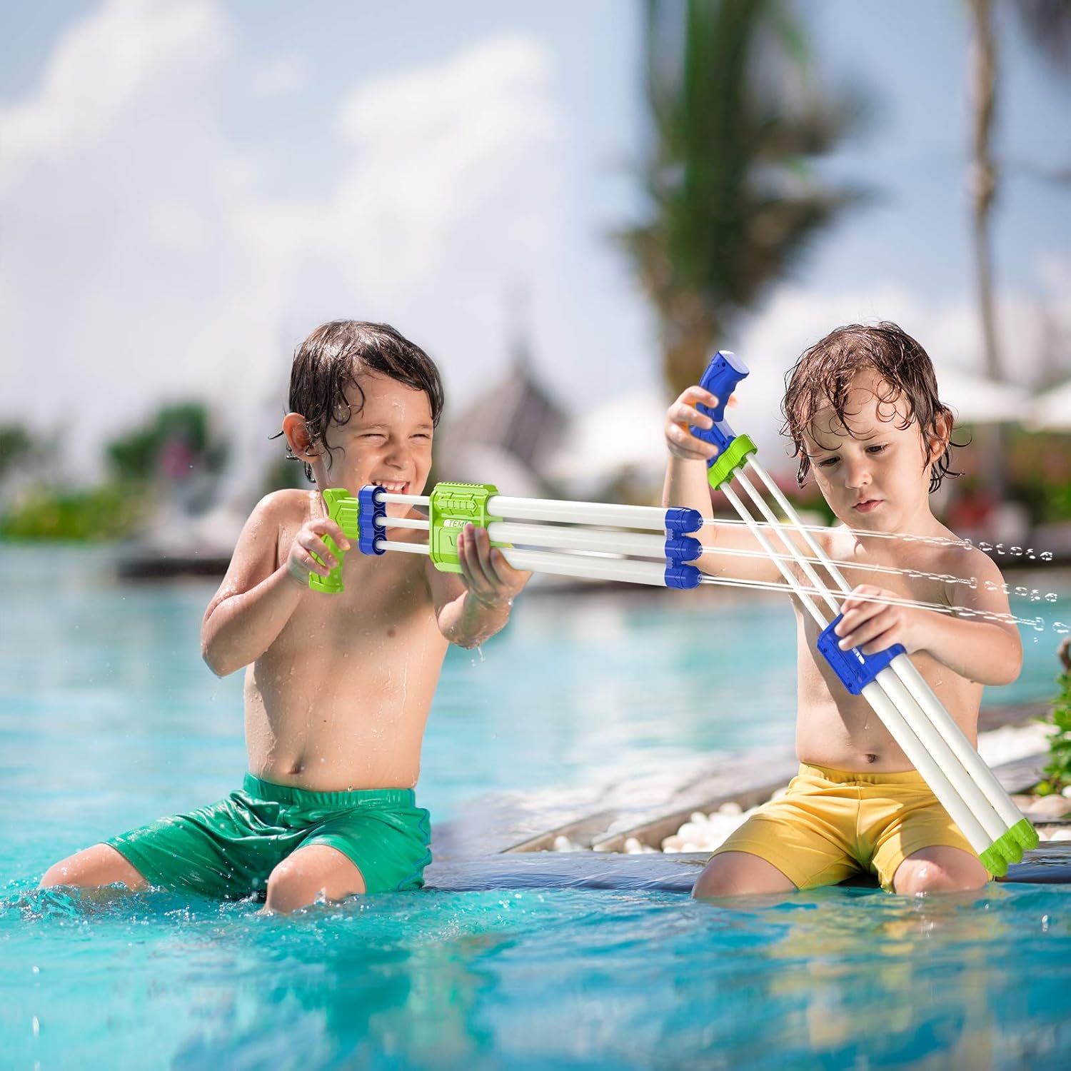 TEMI Super Water-Blaster Squirt Water-Guns - 4 Pack Water Soaker Blaster w/ 3 Nozzles Shooting, Water Pistol for Outdoor Activities, Swimming Pool Toys for Kids Boys & Adults: Toys & Games