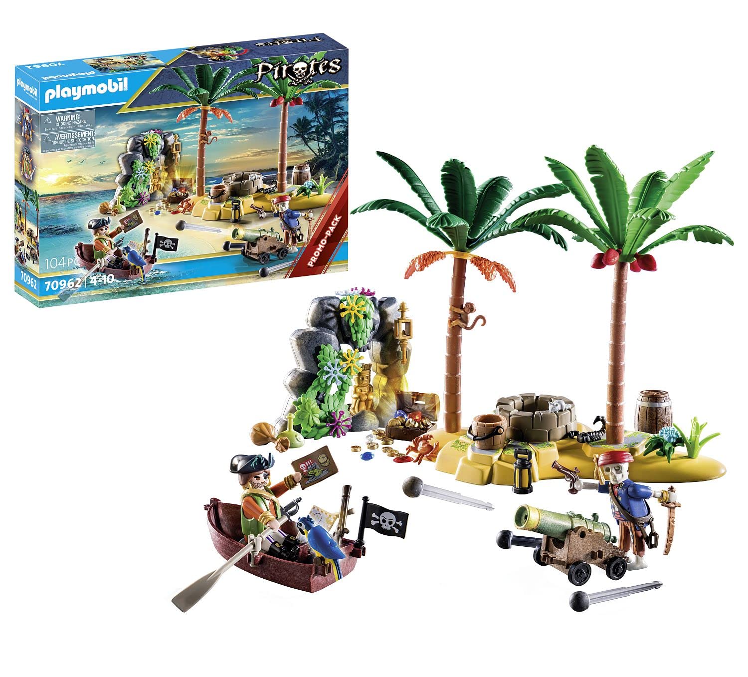 PlayMOBIL 70962 Pirates Promo Pack Pirate Treasure Island with Rowboat, skeleton and firing cannon, pirate World, Fun Imaginative Role-Play, PlaySets Suitable for Children Ages 4+