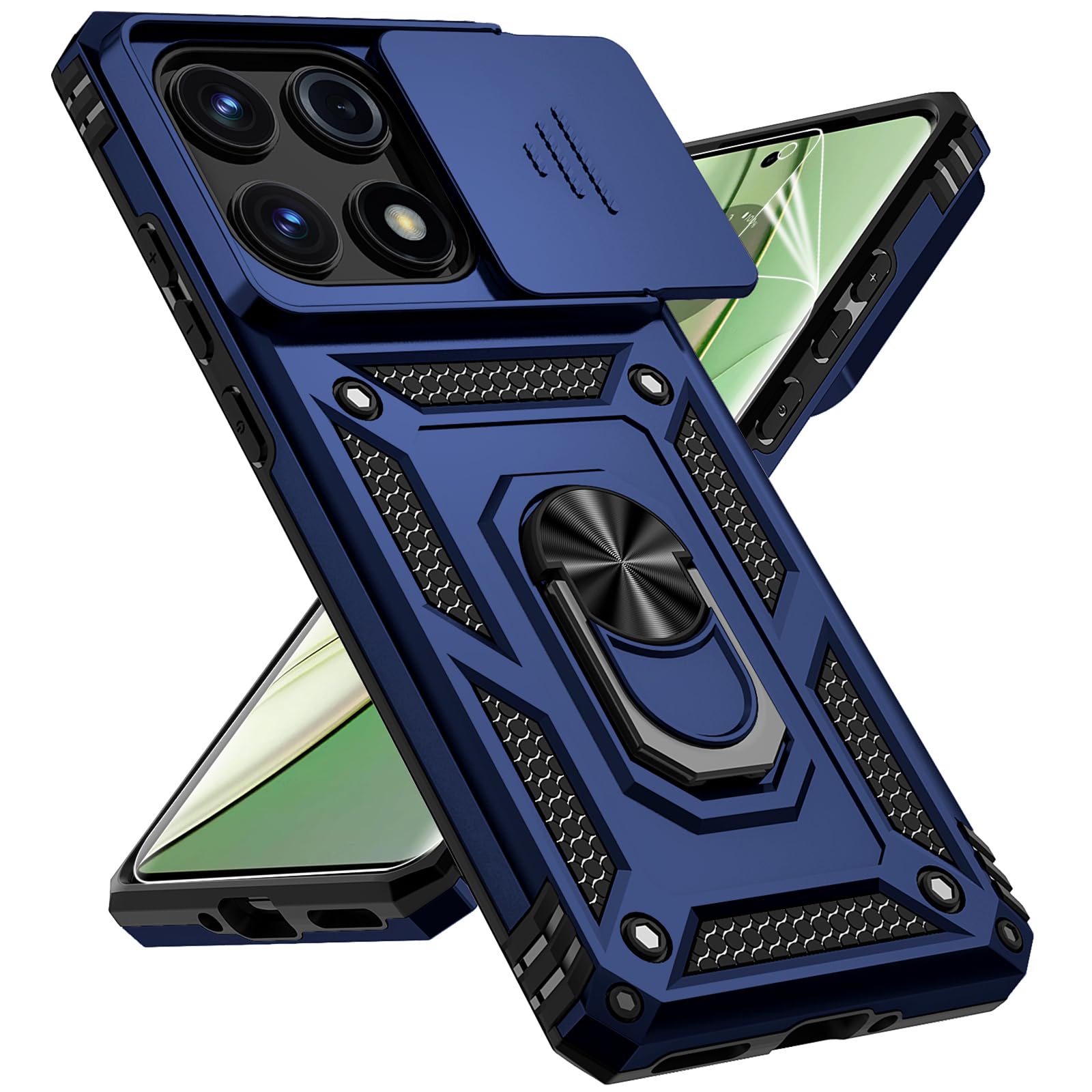 for Motorola Edge 2025 Case, with Slide Camera Cover HD Screen Protector [Military Grade Drop Tested] Magnetic Ring Holder Kickstand Protective Phone Case for Motorola Moto Edge 2025, Navy Blue