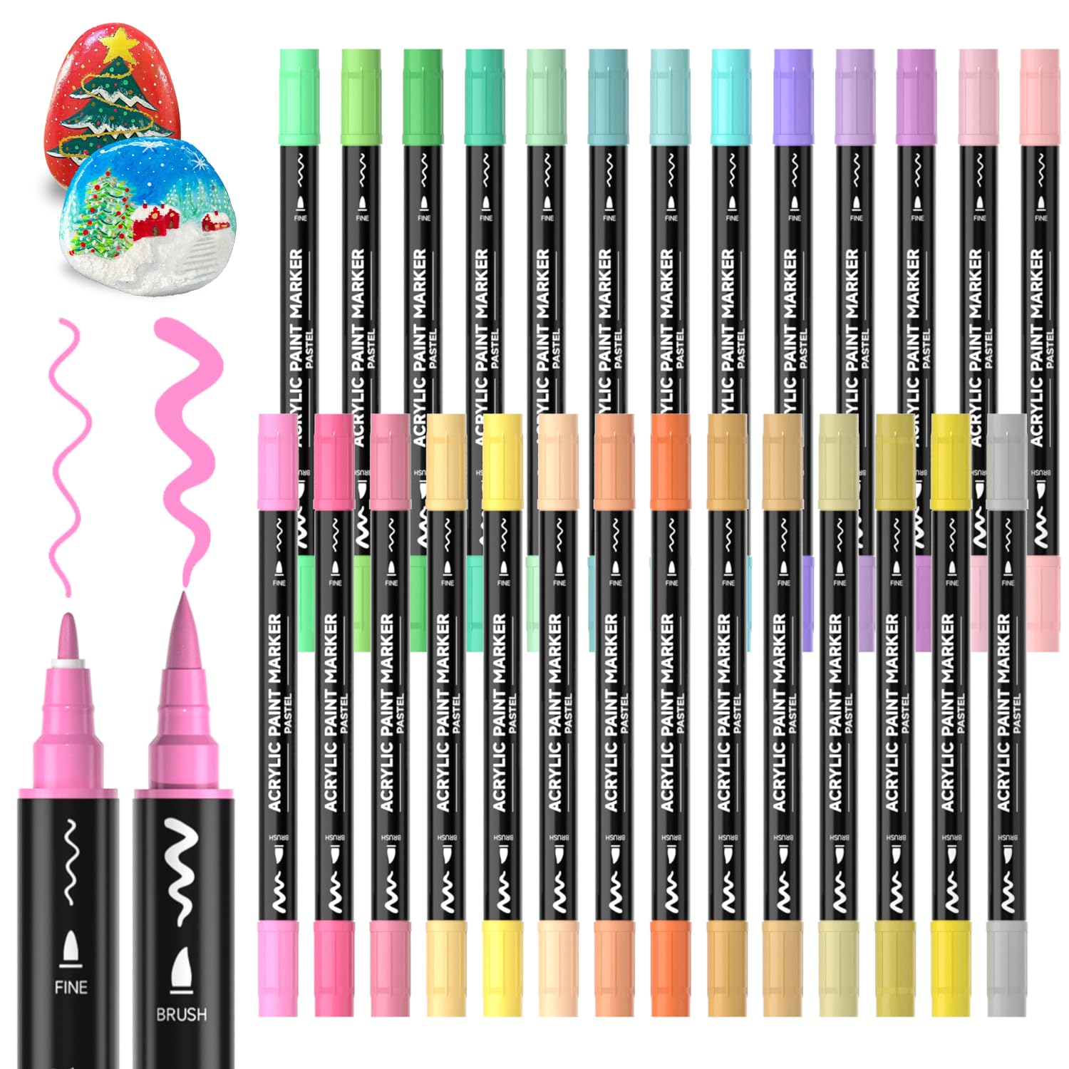 Photo 1 of 28 Pastel Colors Dual Tip Acrylic Paint Markers, Brush Tip and Fine Tip Acrylic Paint Pens for Rock Painting, Ceramic, Wood, Canvas, Plastic, Glass, Stone, Calligraphy, Card Making, DIY Crafts