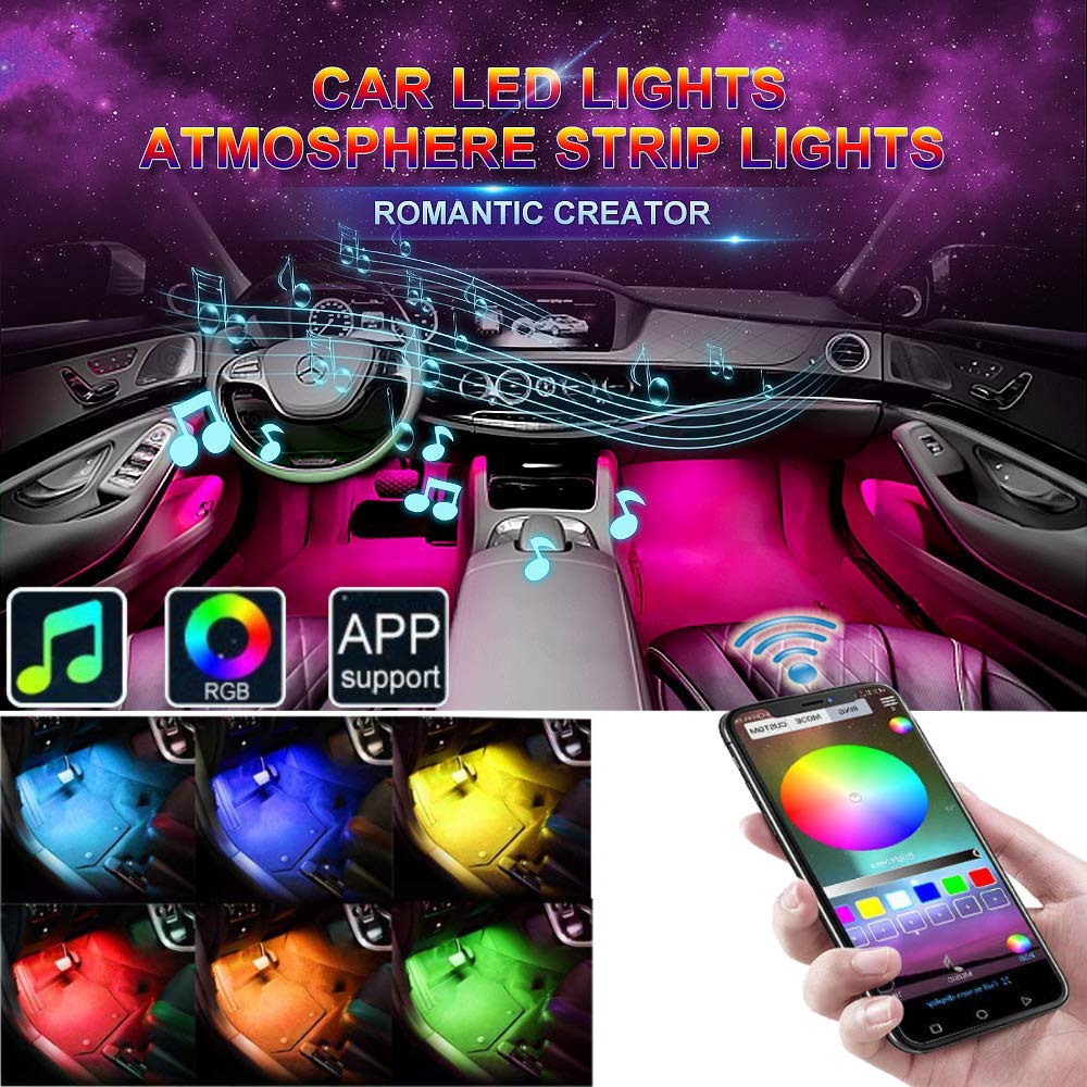 Car LED Strip Lights, EJ's SUPER CAR 4pcs 48 LED Bluetooth App Controller Car Interior Lights Multi Color Music Car Strip Light Under Dash Lighting Kit with Sound Active Function for iPhone iOS Androi