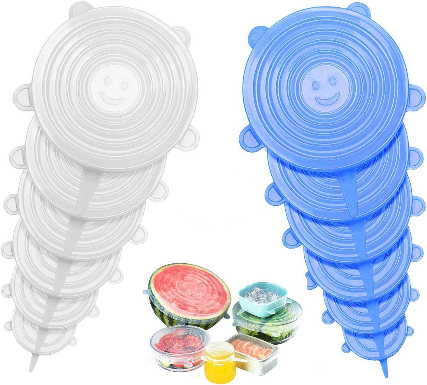 Silicone Stretch Lids 12PCS Reusable Durable and Flexible Expandable Silicon Seal Cover Set to Fit 6 Various Sizes Shape of Containers (blue/transparent, 12)