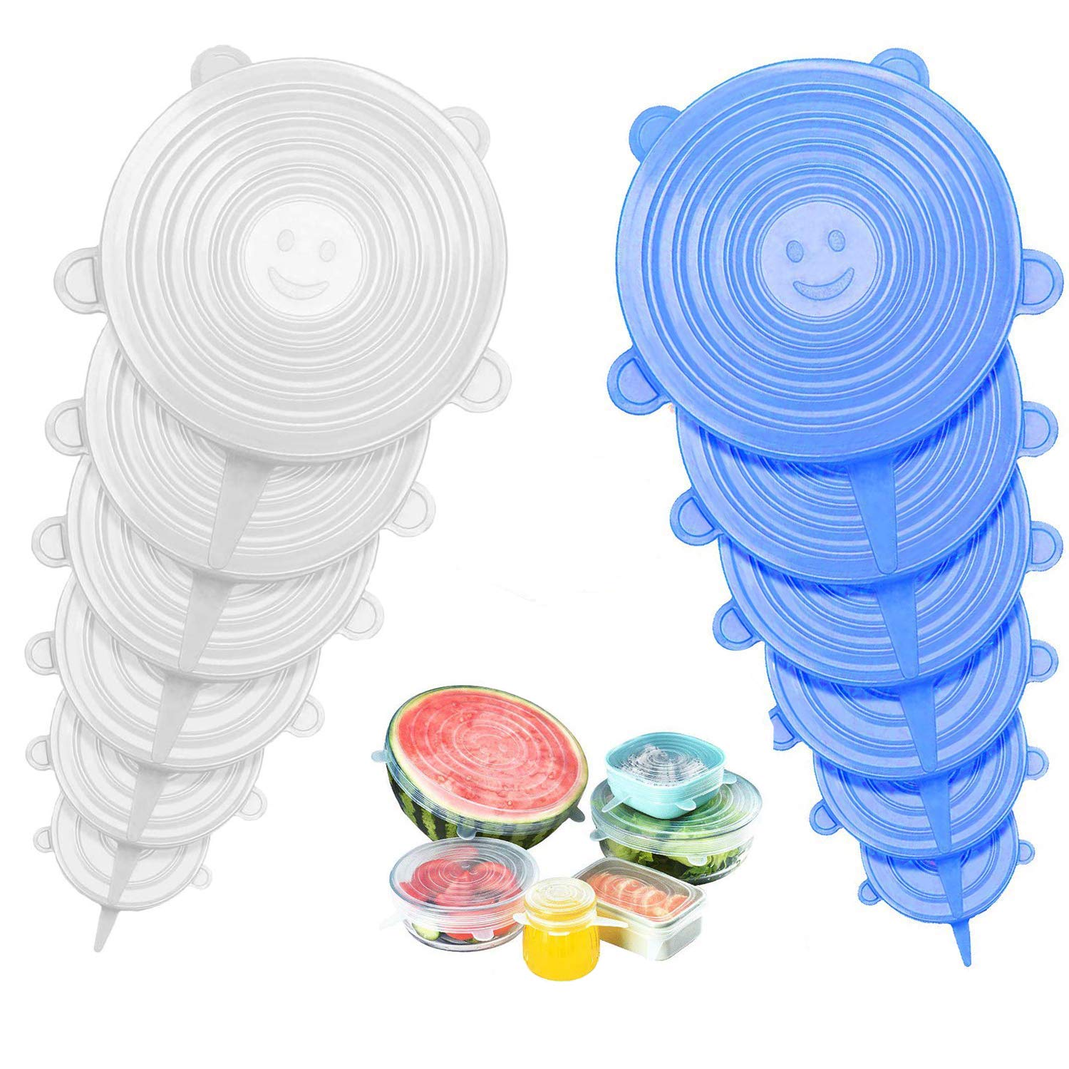 Silicone Stretch Lids 12PCS Reusable Durable and Flexible Expandable Silicon Seal Cover Set to Fit 6 Various Sizes Shape of Containers (blue/transparent, 12)