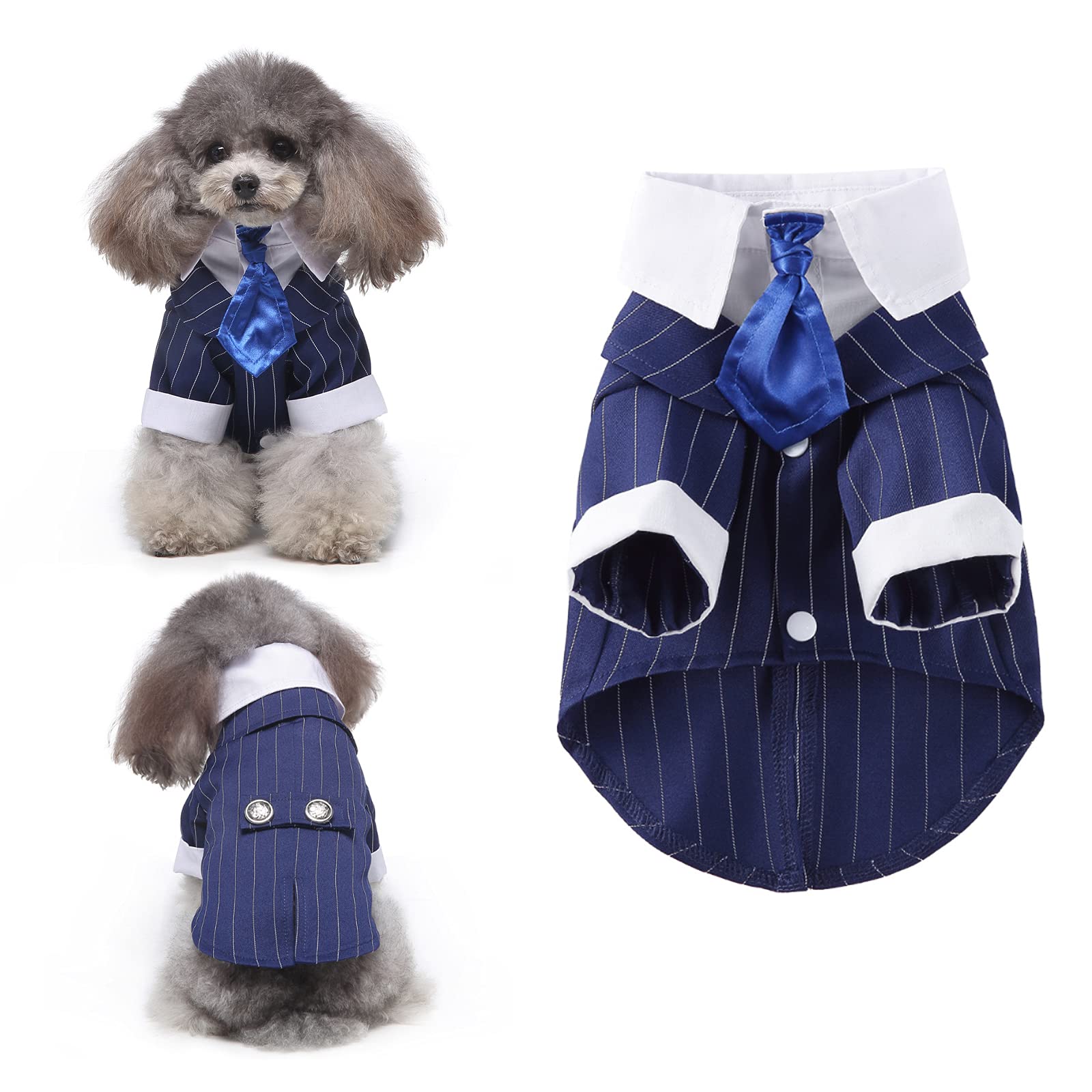HACRAHO Dog Wedding Tuxedo, 1 Piece Blue Dog Wedding Party Costume Formal Business Striped Tuxedo Clothes for Small Dogs Cats Puppy, Chest Girth 16.93"