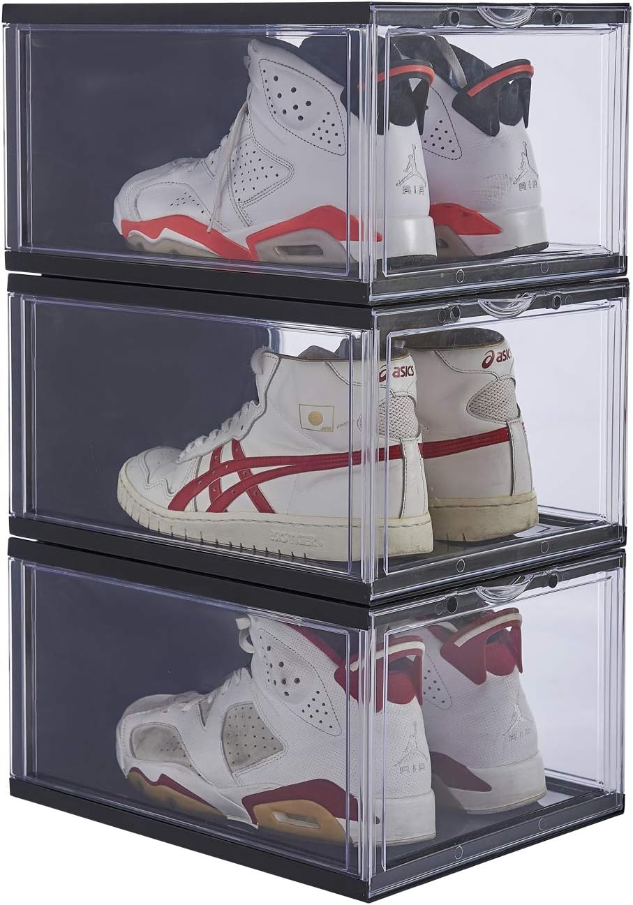 clear plastic shoe rack on Clothing Closet Storage Ironland Stackable Shoe Organizer Clear Plastic 3 Pack Shoe Boxes For Display Shoes Sneakers Storage Black Storage Organization