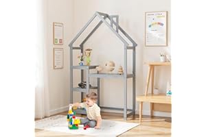 A ALFRESCOOL 2-in-1 Kids Writing Desk and Bookshelf, 72 inch Tall House-Shaped Wooden Desk for Kids, Built-in 3-Tier Storage Shelves, Anti-Tipping Device, Ideal for Bedroom, Playroom, Learning (Grey)