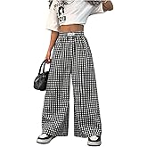 SOLY HUX Girl's Plaid Gingham Baggy Pants Elastic High Waisted Wide Leg Long Pants Trousers